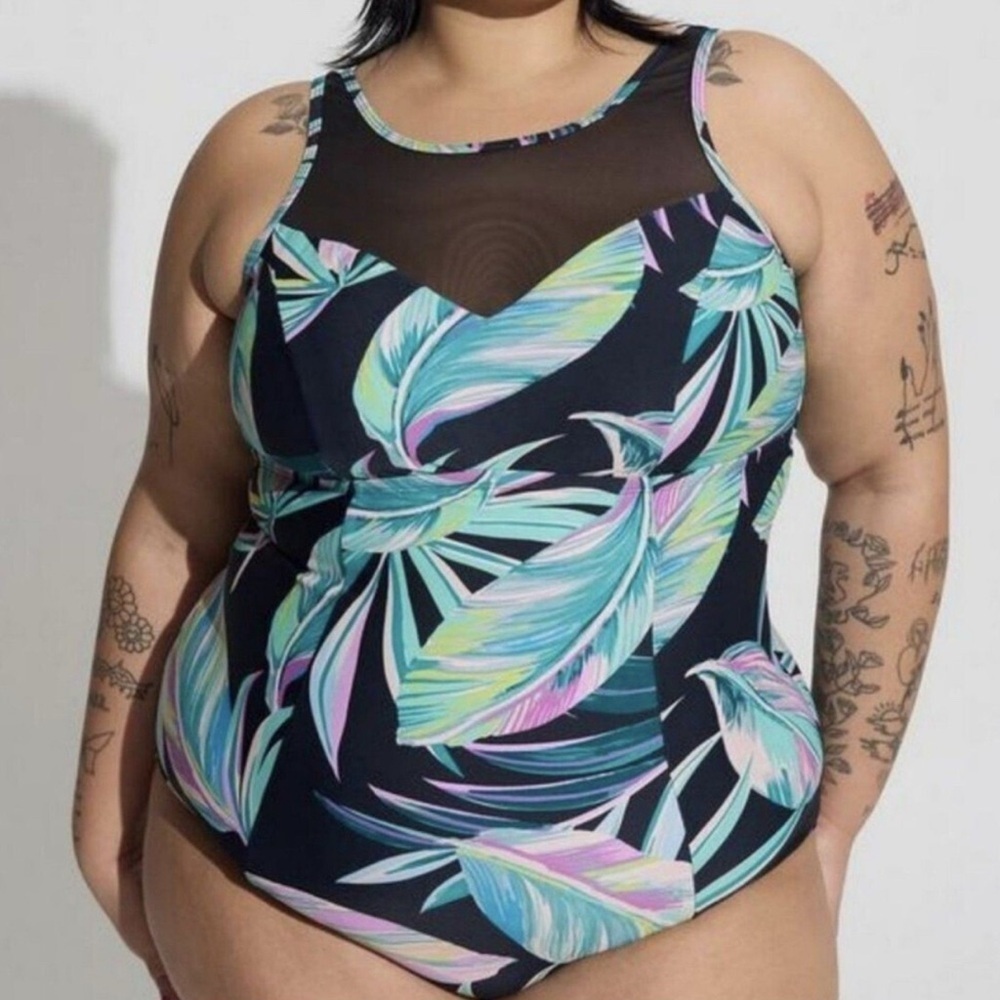 Torrid Tropical Wireless Mesh High Neck One Piece Swimsuit - Size 22/24 (3)